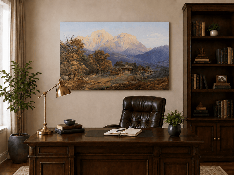 Landscape Oil Painting - Alpine Farmhouses and Snow Peaks