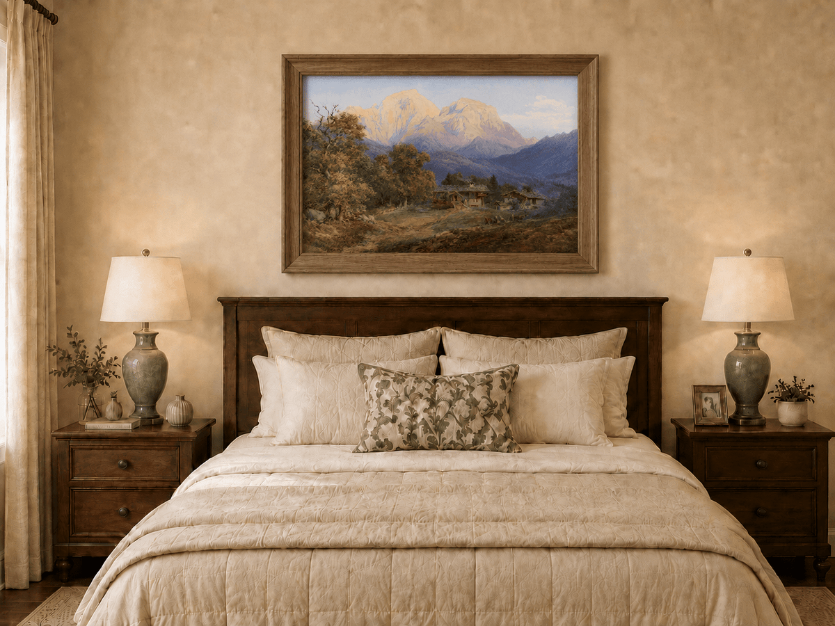 Landscape Oil Painting - Alpine Farmhouses and Snow Peaks