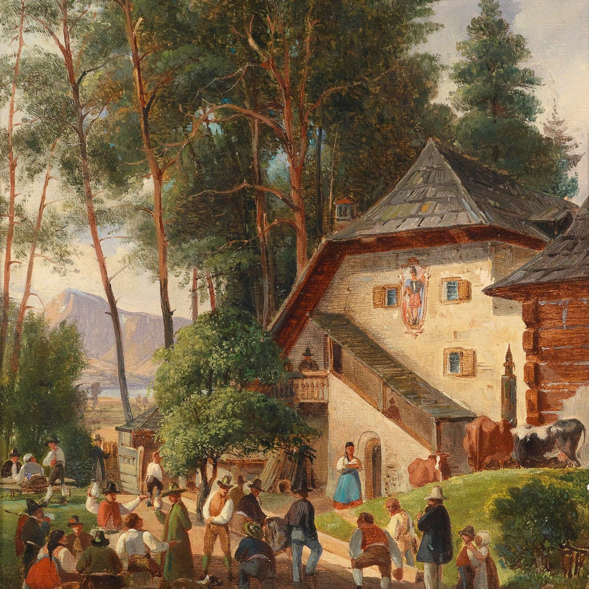Landscape Oil Painting - Alpine Farmstead Gathering, Crowd, Animals - Oil Painting Haven