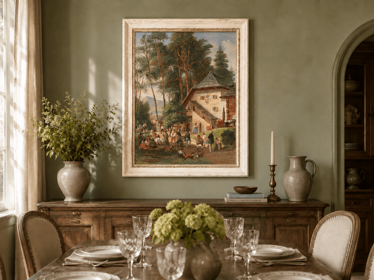 Landscape Oil Painting - Alpine Farmstead Gathering