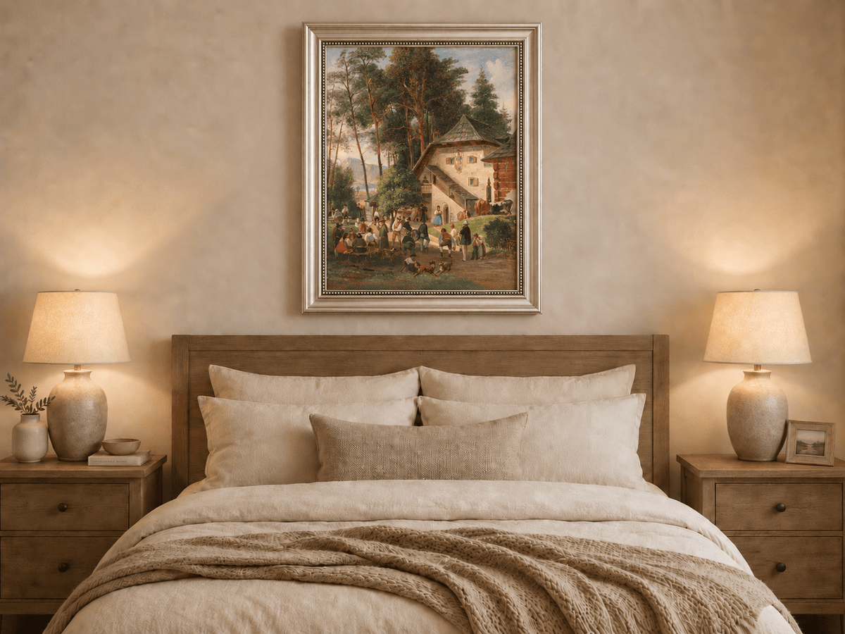 Landscape Oil Painting - Alpine Farmstead Gathering