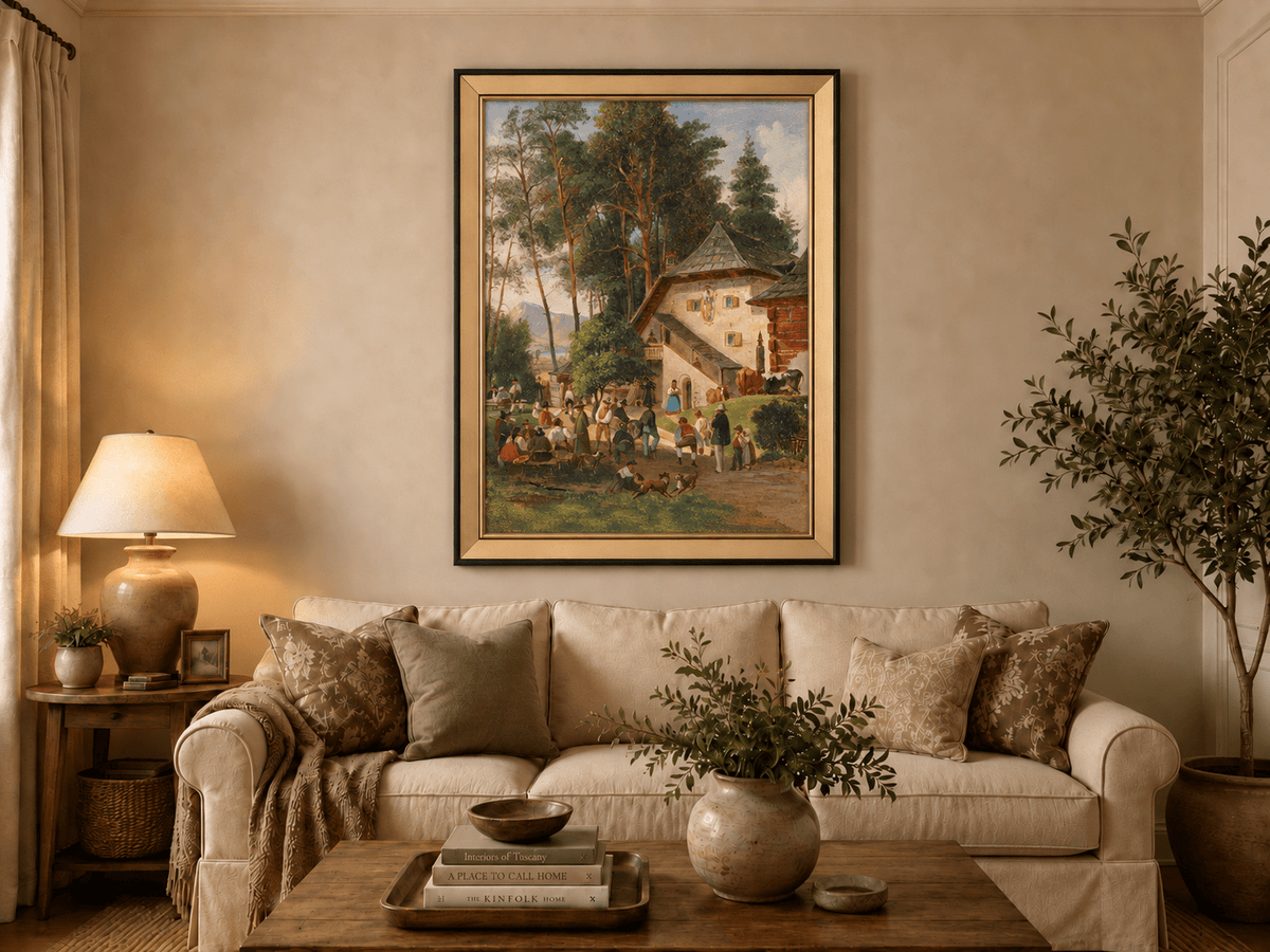 Landscape Oil Painting - Alpine Farmstead Gathering
