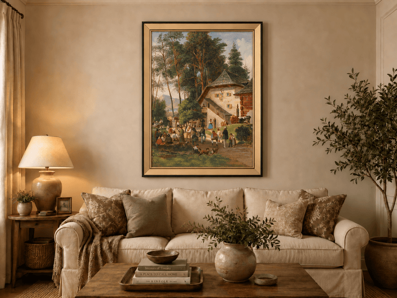 Landscape Oil Painting - Alpine Farmstead Gathering