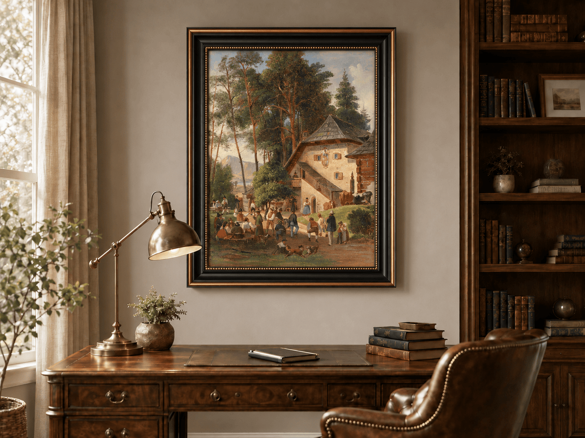 Landscape Oil Painting - Alpine Farmstead Gathering