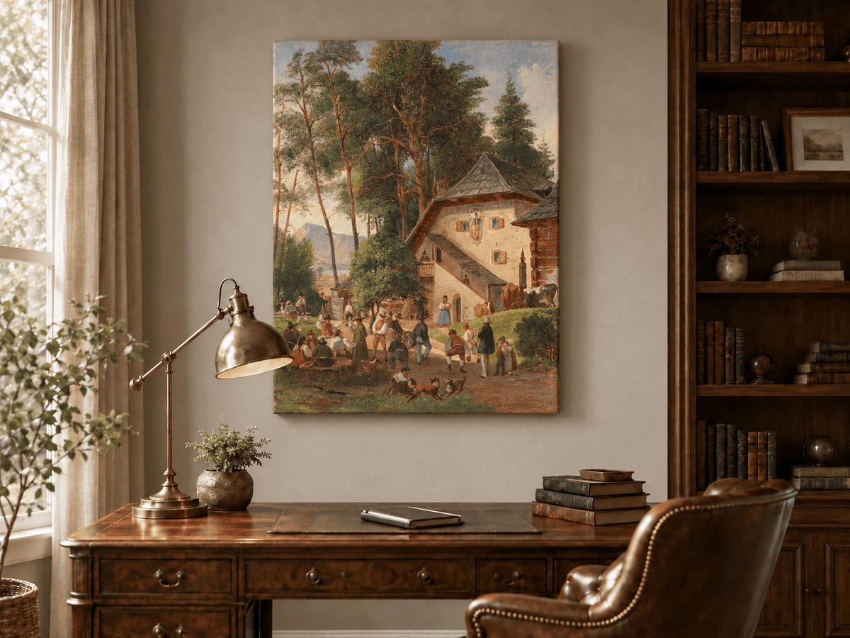 Landscape Oil Painting - Alpine Farmstead Gathering