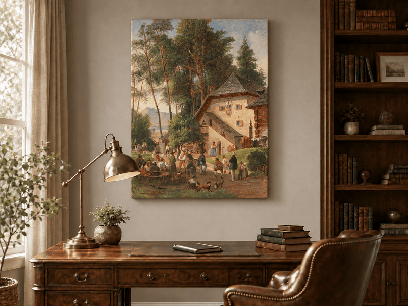Landscape Oil Painting - Alpine Farmstead Gathering
