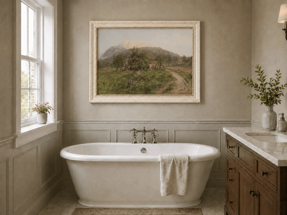 Alpine farmstead with grassy fields landscape oil painting presented as interior home decor.