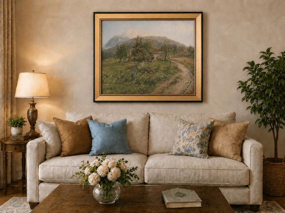 Alpine farmstead with grassy fields and mountain landscape oil painting displayed in a styled home interior.