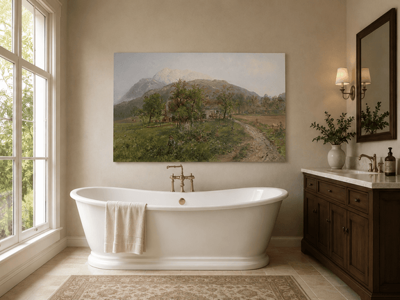 Alpine farmstead, grassy fields and mountain landscape oil painting presented as styled home decor.