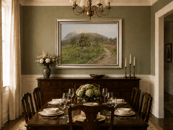 Alpine farmstead and mountain oil landscape artwork shown in a styled home interior.