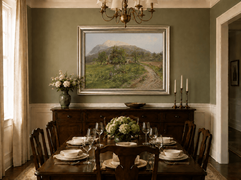 Alpine farmstead and mountain oil landscape artwork shown in a styled home interior.