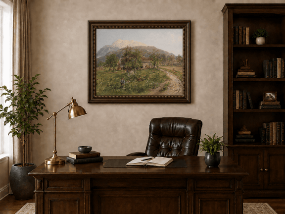 Alpine farmstead mountain landscape oil painting presented in an interior wall art mockup.