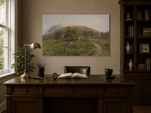 Interior wall art view featuring an alpine farmstead with grassy fields and mountains oil painting.