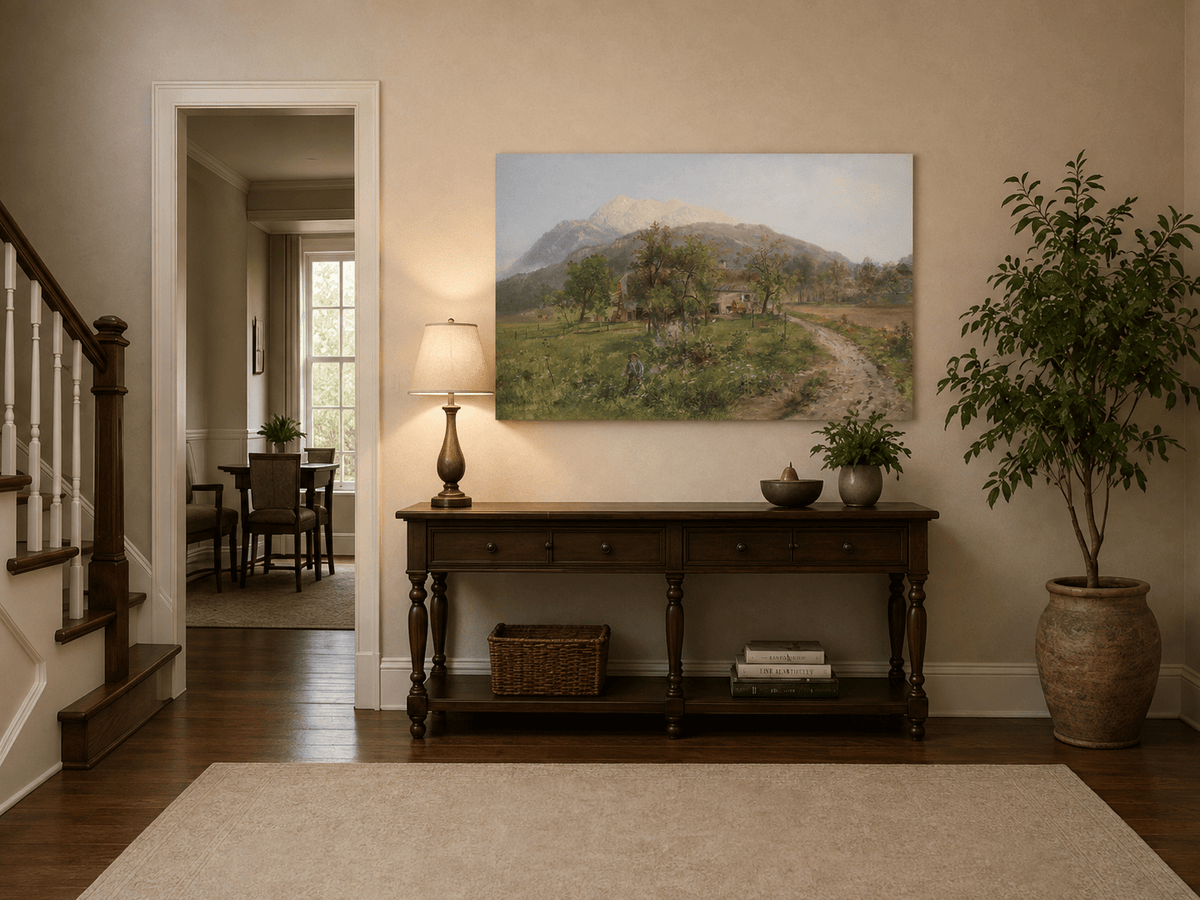 Alpine farmstead mountain landscape painting shown as decorative oil wall art.