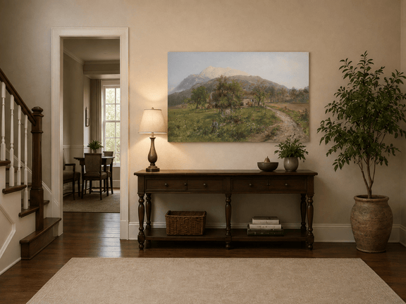 Alpine farmstead mountain landscape painting shown as decorative oil wall art.