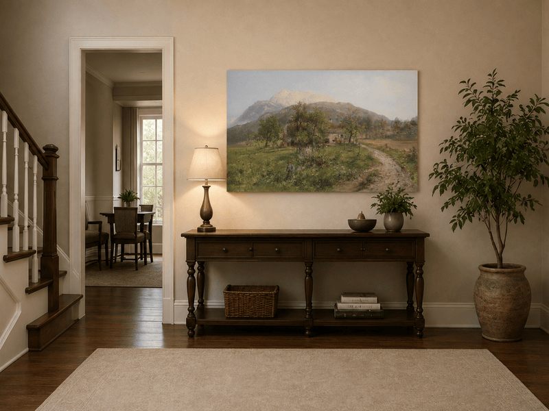 Alpine farmstead mountain landscape painting shown as decorative oil wall art.