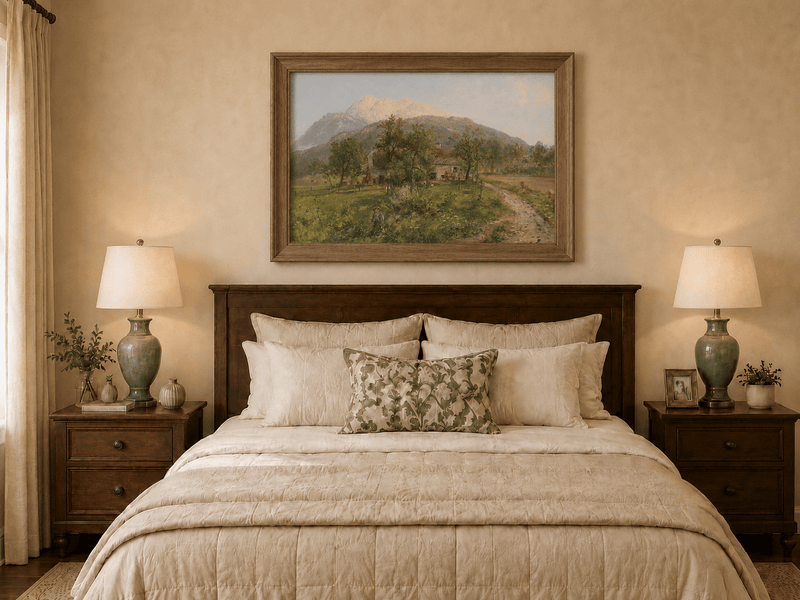 Hand-painted alpine farmstead with grassy fields artwork displayed as decorative wall art.