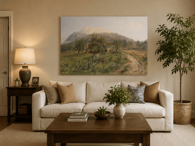 Alpine farmstead and grassy mountain fields hand-painted oil artwork displayed in a second interior view.