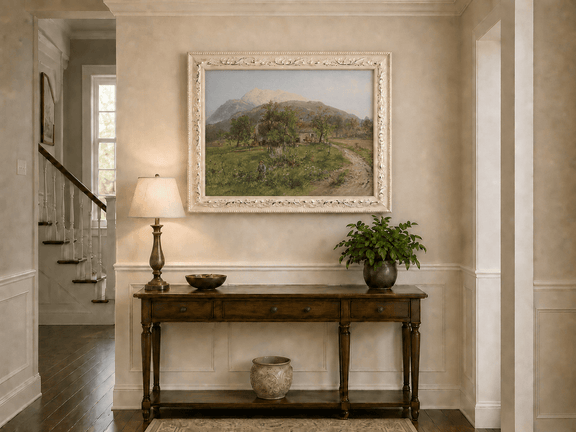 Alpine farmstead and grassy fields hand-painted oil artwork shown as home wall decor.