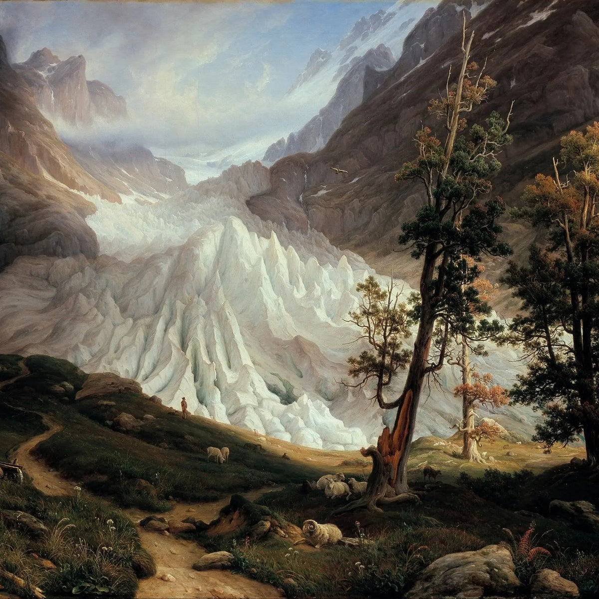 Landscape Oil Painting - Alpine Glacier Scene with Trees and Wildlife - Oil Painting Haven
