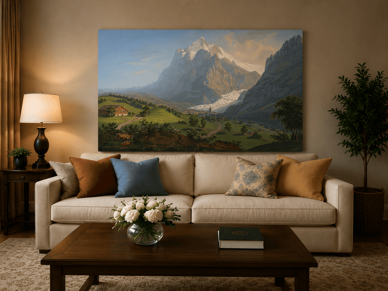 Landscape Oil Painting - Alpine Glacier Valley and Church View