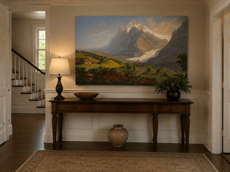 Landscape Oil Painting - Alpine Glacier Valley and Church View