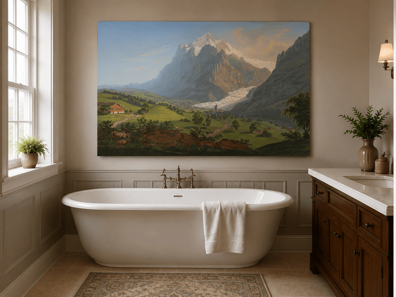 Landscape Oil Painting - Alpine Glacier Valley and Church View