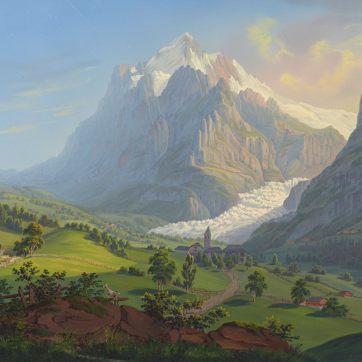 Landscape Oil Painting - Alpine Glacier Valley and Church View - Oil Painting Haven