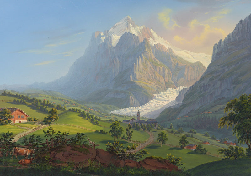 Landscape Oil Painting - Alpine Glacier Valley and Church View - Oil Painting Haven