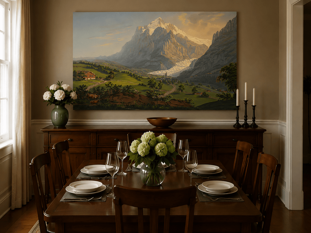 Landscape Oil Painting - Alpine Glacier Valley and Church View