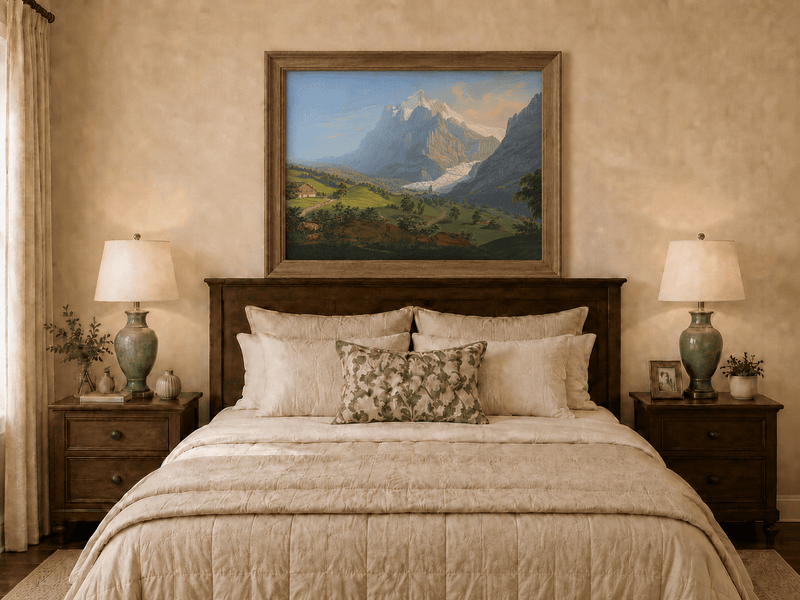 Landscape Oil Painting - Alpine Glacier Valley and Church View