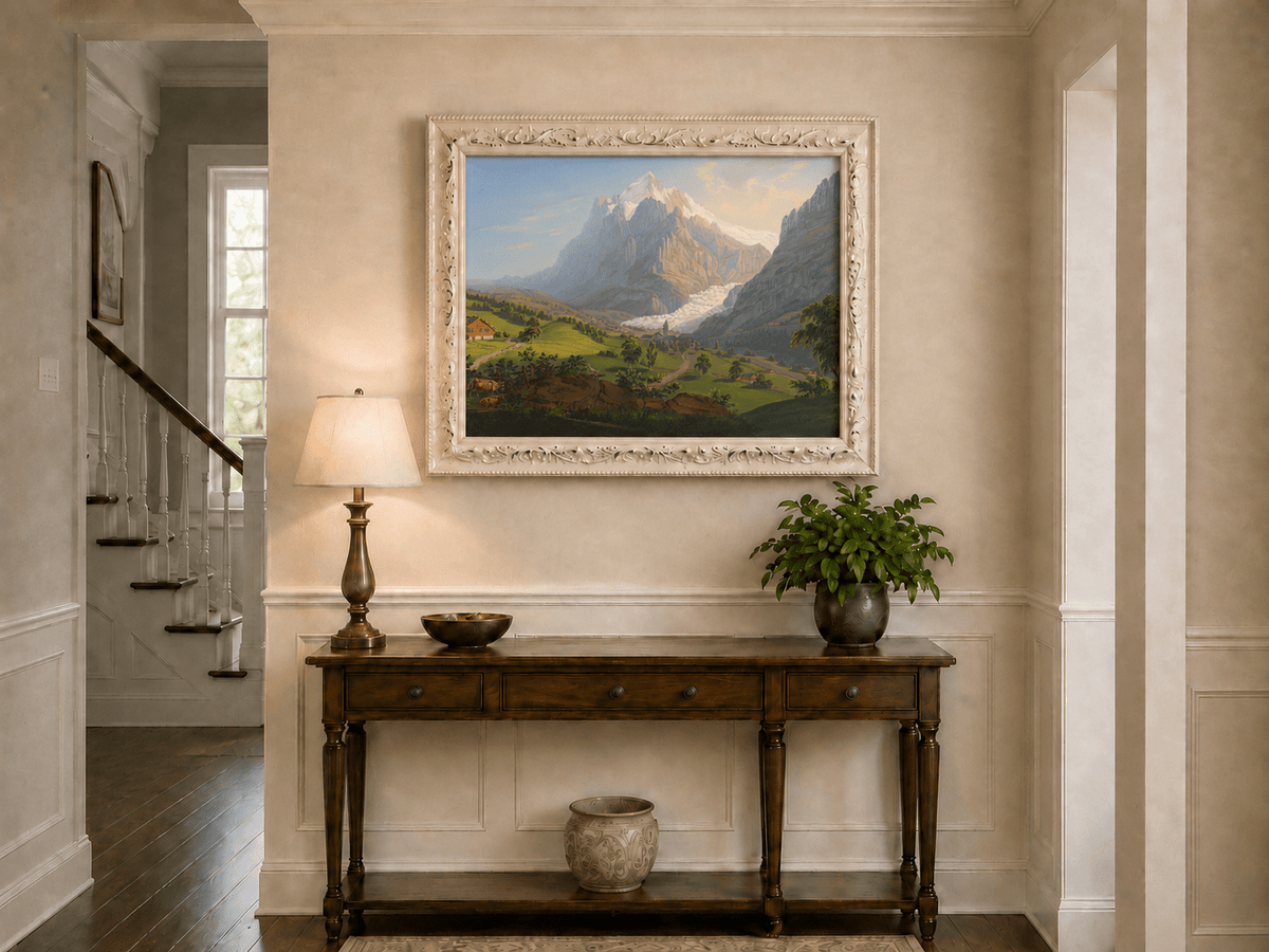 Landscape Oil Painting - Alpine Glacier Valley and Church View