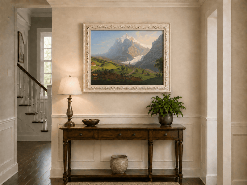 Landscape Oil Painting - Alpine Glacier Valley and Church View