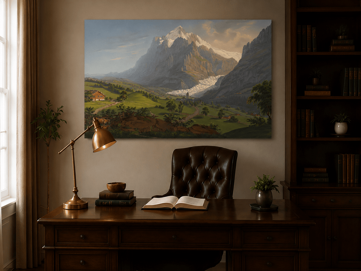 Landscape Oil Painting - Alpine Glacier Valley and Church View