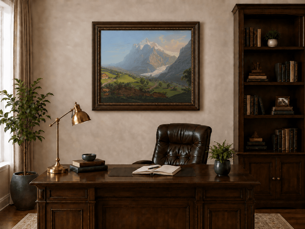 Landscape Oil Painting - Alpine Glacier Valley and Church View