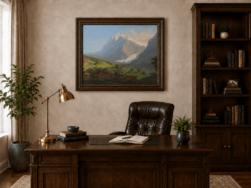 Landscape Oil Painting - Alpine Glacier Valley and Church View