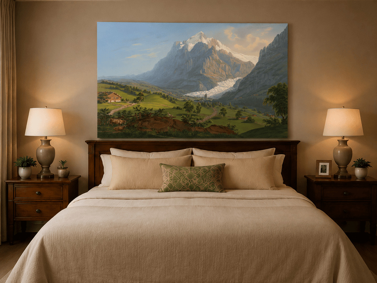 Landscape Oil Painting - Alpine Glacier Valley and Church View