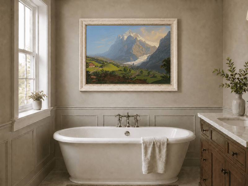 Landscape Oil Painting - Alpine Glacier Valley and Church View