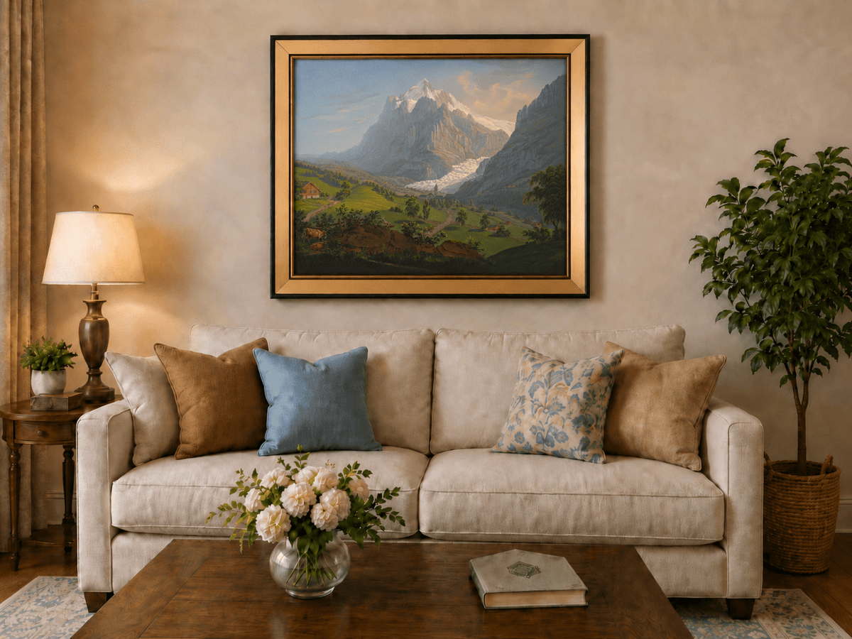 Landscape Oil Painting - Alpine Glacier Valley and Church View