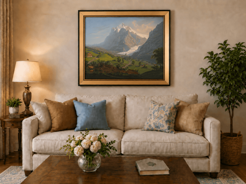 Landscape Oil Painting - Alpine Glacier Valley and Church View