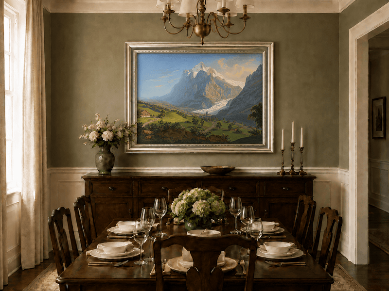 Landscape Oil Painting - Alpine Glacier Valley and Church View