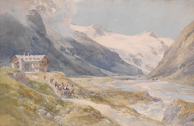 Landscape Oil Painting - Alpine Glacier Valley and Mountain Inn - Oil Painting Haven