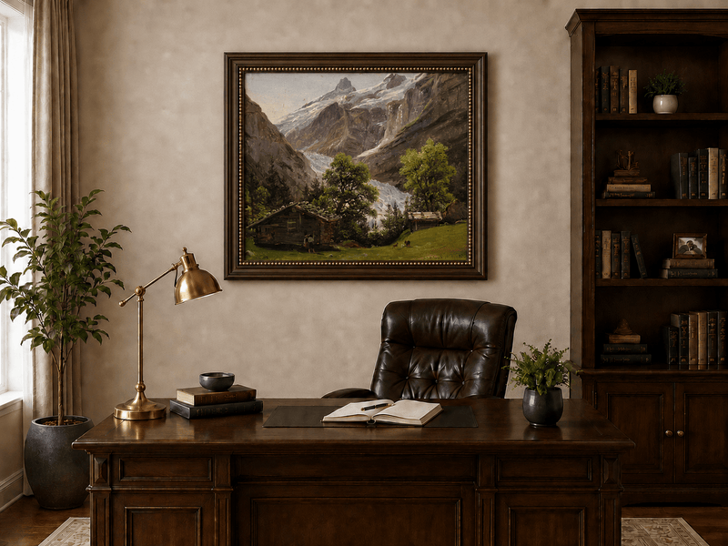 Landscape Oil Painting - Alpine Glacier Valley with Swiss Chalet