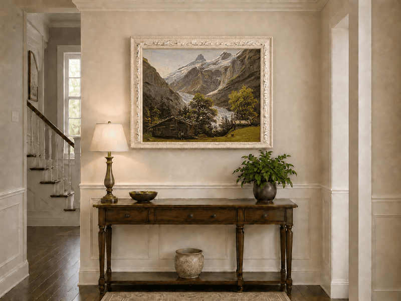 Landscape Oil Painting - Alpine Glacier Valley with Swiss Chalet