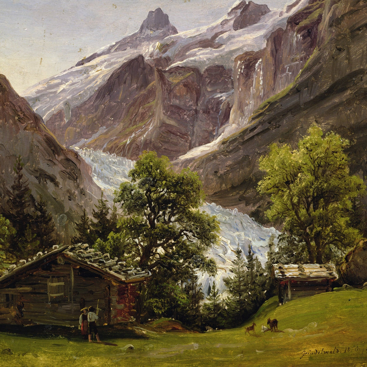 Hand-painted alpine glacier valley with swiss chalet landscape oil painting on canvas