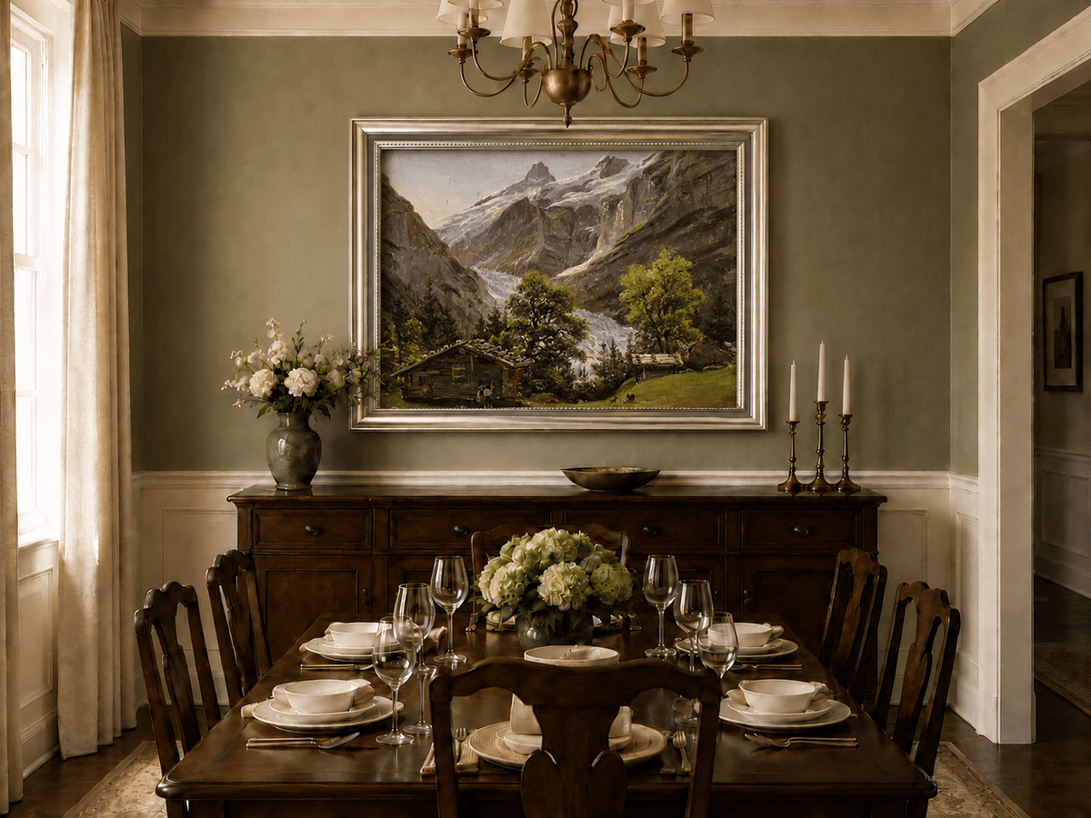 Landscape Oil Painting - Alpine Glacier Valley with Swiss Chalet