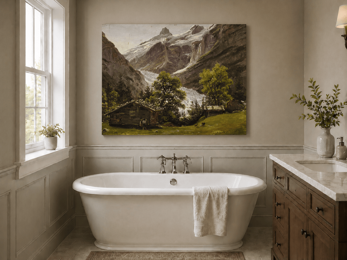 Landscape Oil Painting - Alpine Glacier Valley with Swiss Chalet