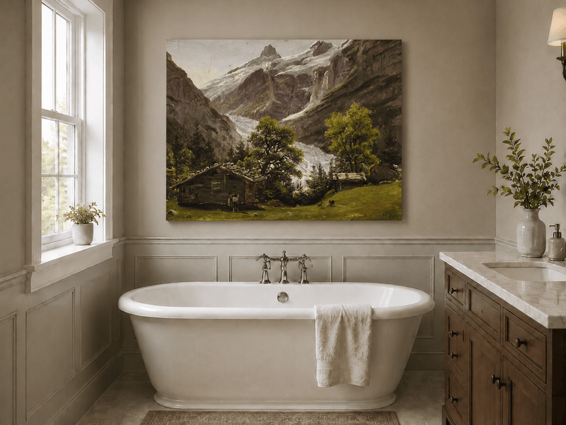 Landscape Oil Painting - Alpine Glacier Valley with Swiss Chalet
