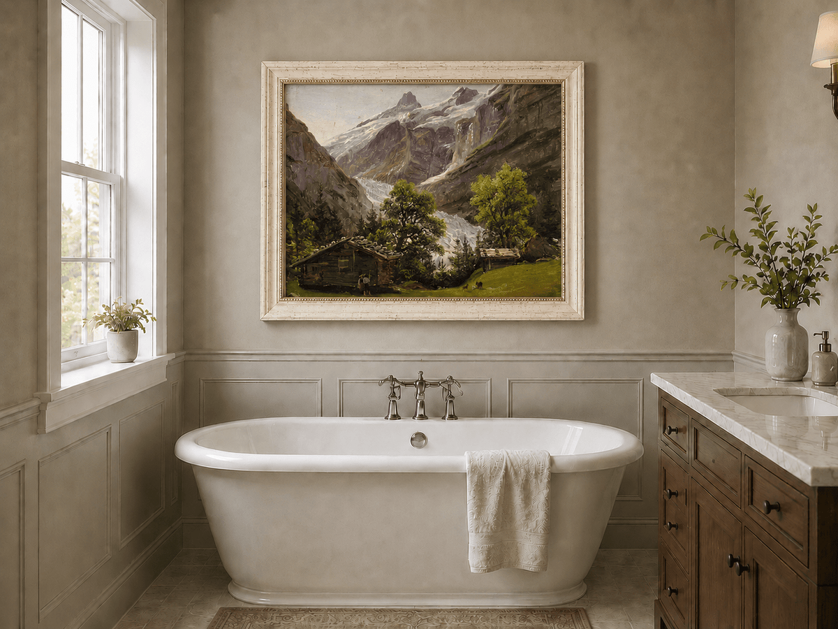 Landscape Oil Painting - Alpine Glacier Valley with Swiss Chalet