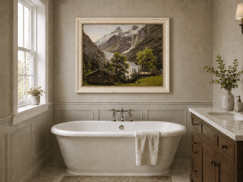 Landscape Oil Painting - Alpine Glacier Valley with Swiss Chalet